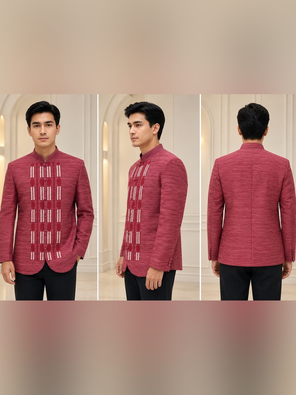 Traditional Men’s Coat Barong Tagalog - Mandarin Collar Rose Color